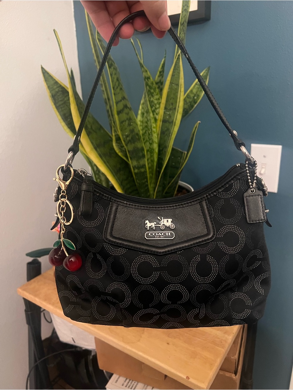 Vintage Coach Madison Dotted Op Art Hobo Bag + Cherry Charm Bundle